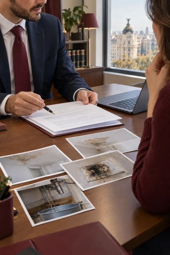 Abogado de seguros de hogar revisando la póliza y fotos de daños por agua y eléctricos con una clienta